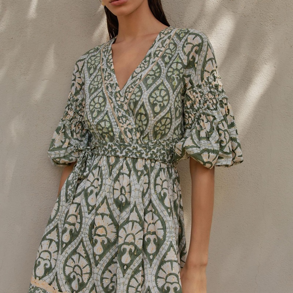 Anthropologie Green and Cream Patterned Mini Dress